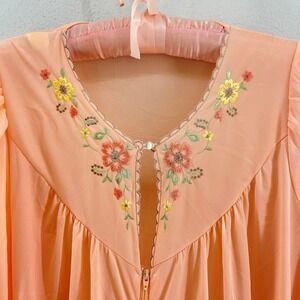 VTG‎ Katz Peach Floral Embroidered Long Sleeve Full Zip Nightgown M Sheer